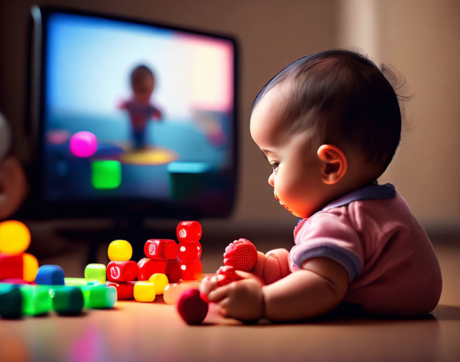 Baby playing with colorful blocks while watching TV in dimly lit room