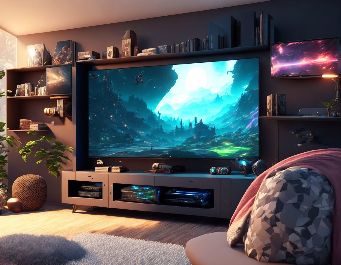 Modern living room with large TV displaying fantasy landscape, shelves with books, plush sofa