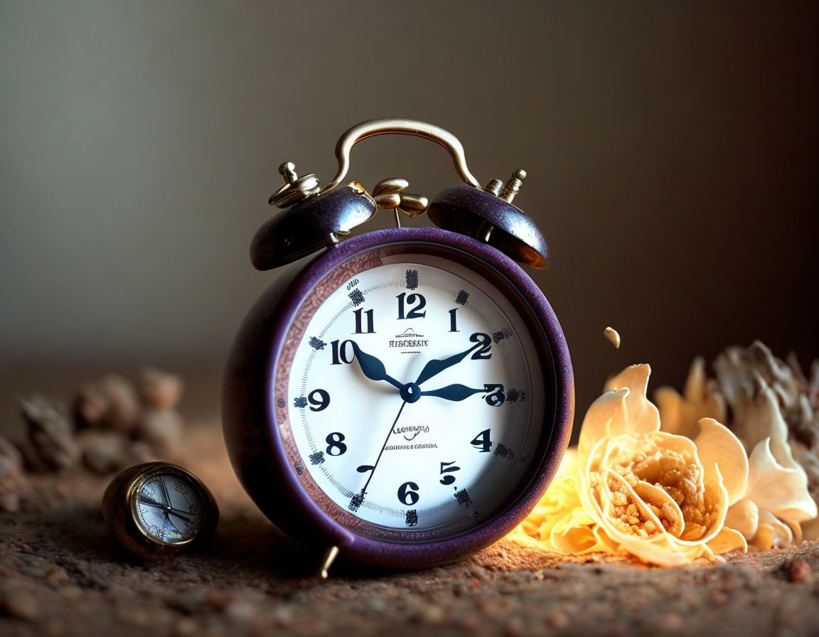 Vintage alarm clock at 10:10 with warm light and flower petals on textured background