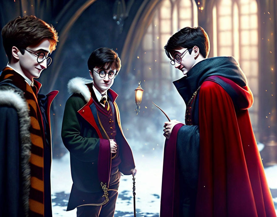 Three animated characters in wizarding attire with a lit lantern in a magical setting