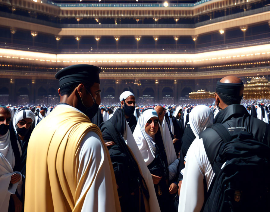 Traditional Attire: Men and Women in Crowded Indoor Setting with Face Masks