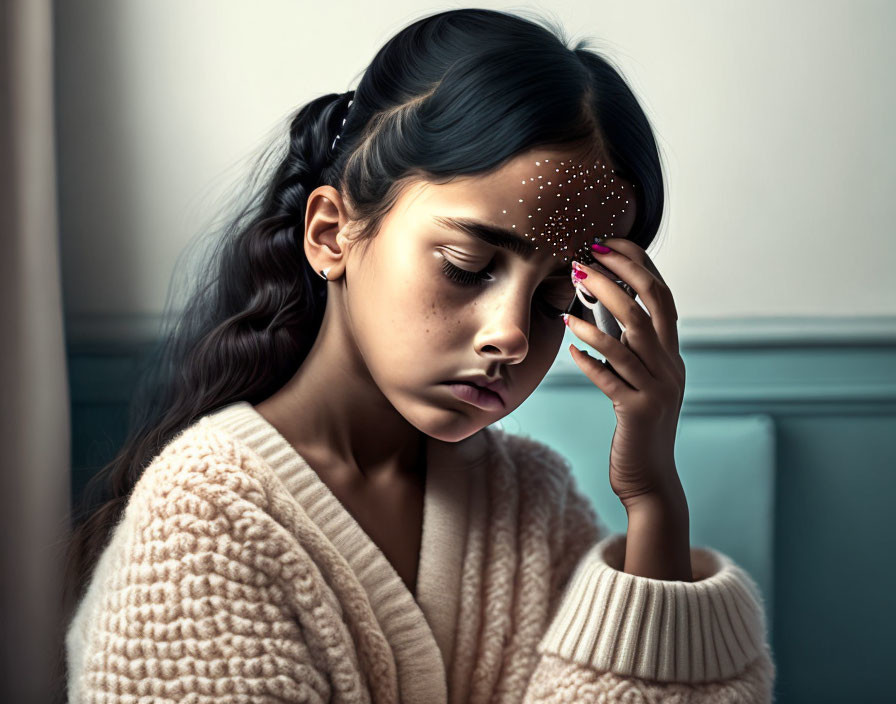 Young girl with braided hair in fluffy sweater looks pensive and tired.