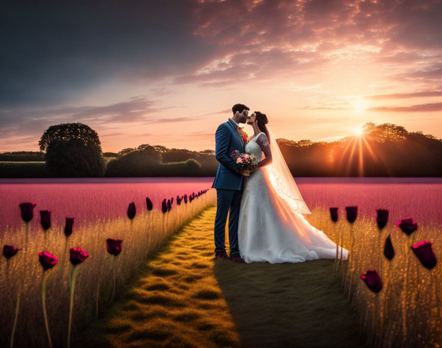 Wedding couple embraces in purple flower field at sunset