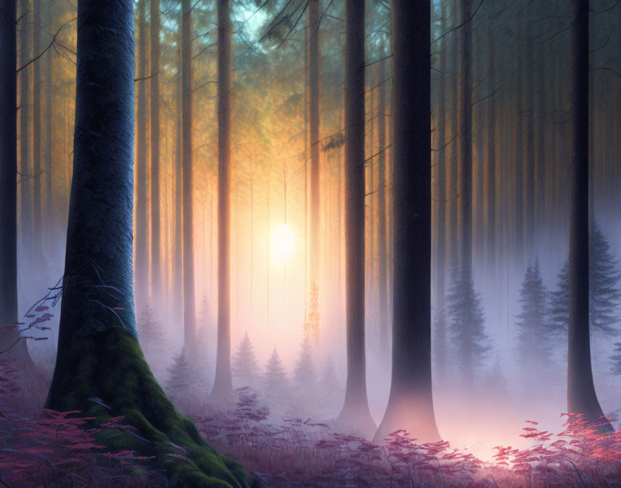 Sunrise in Misty Forest: Warm Sunlight Through Trees, Morning Fog