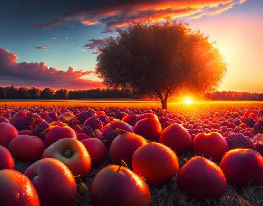 Vibrant sunset scene with solitary tree and red apples in field