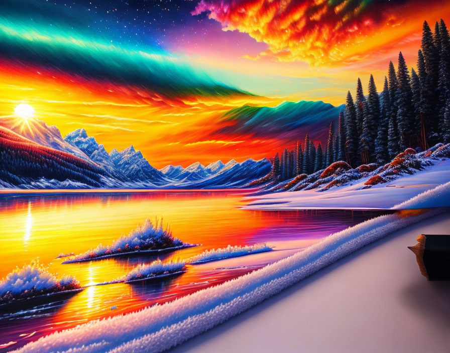 Digitally Enhanced Snowy Shoreline with Colorful Sky