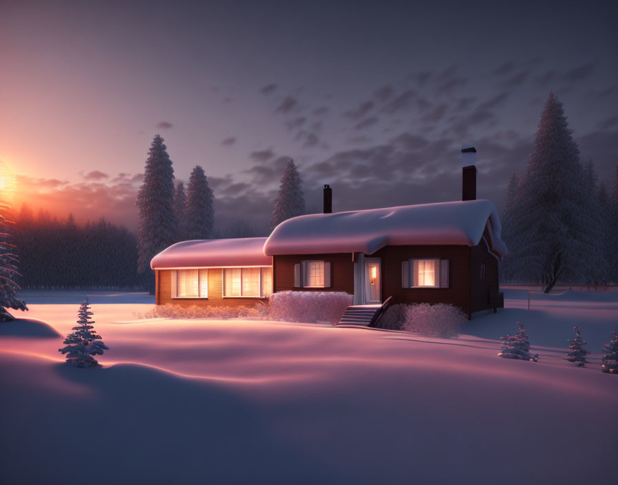 Snow-covered house with lit windows in twilight snowscape.