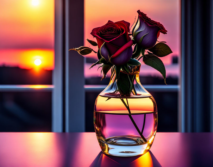 Red Roses in Clear Vase Against Sunset Background with Purple and Orange Hues