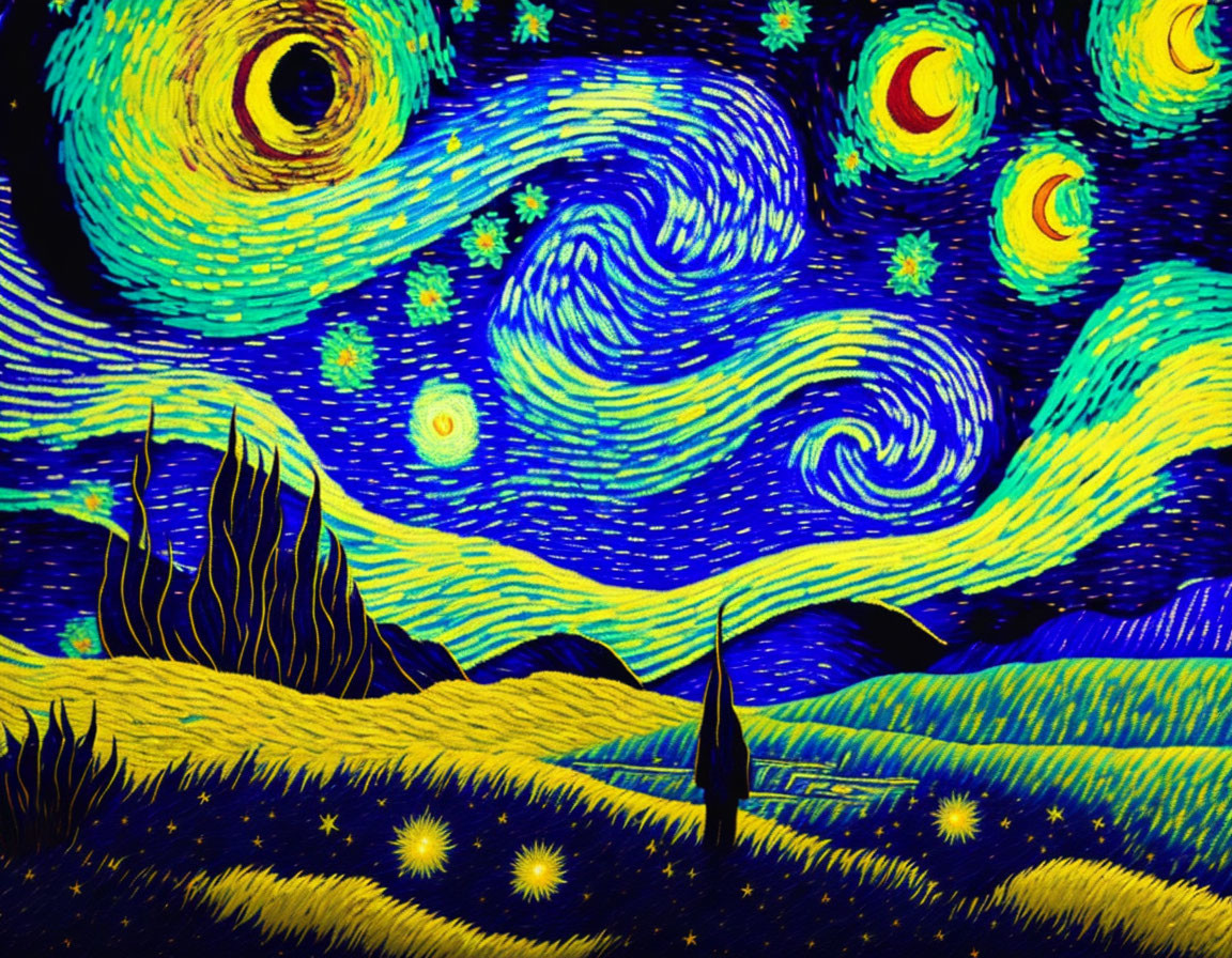 Vibrant painting of swirling night sky with moon and landscape.