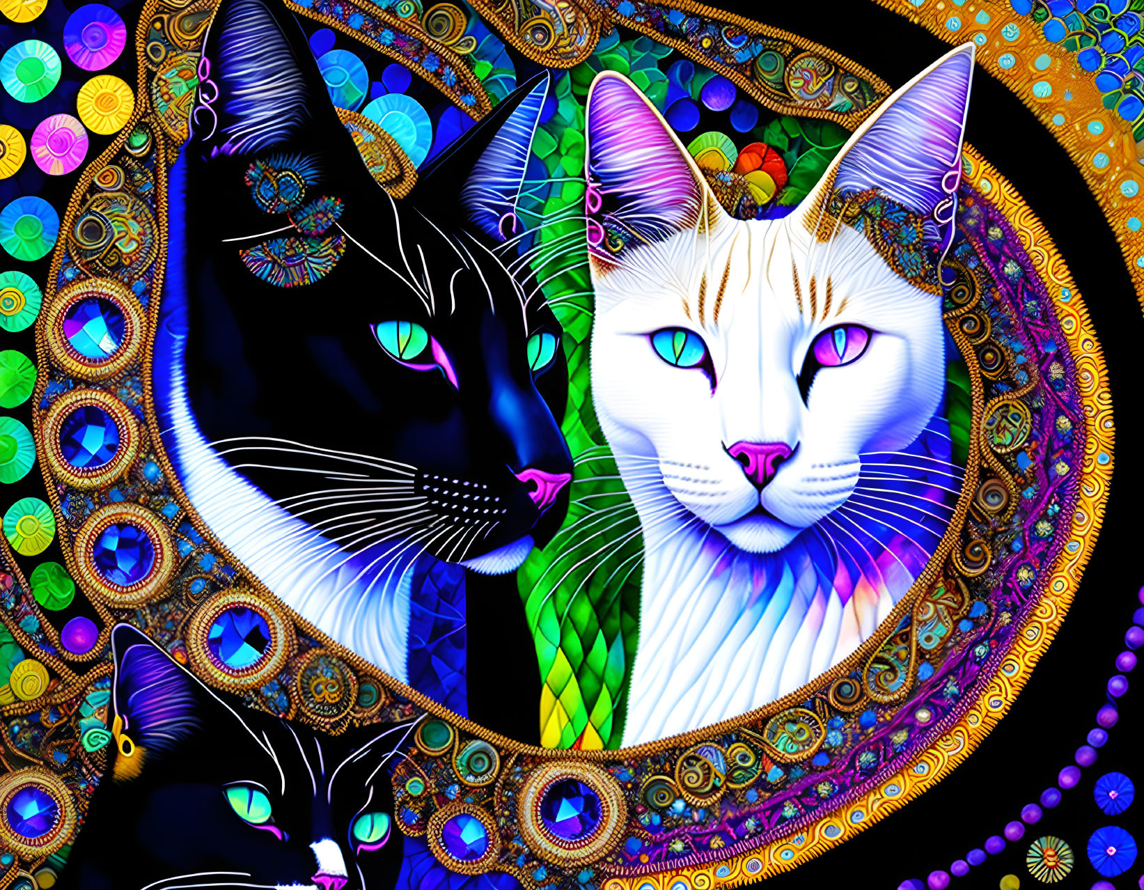 Colorful Digital Art: Three Stylized Cats with Mandala Background