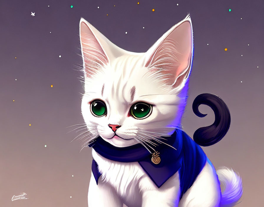 White Cat Illustration with Green Eyes and Blue Scarf on Starry Background