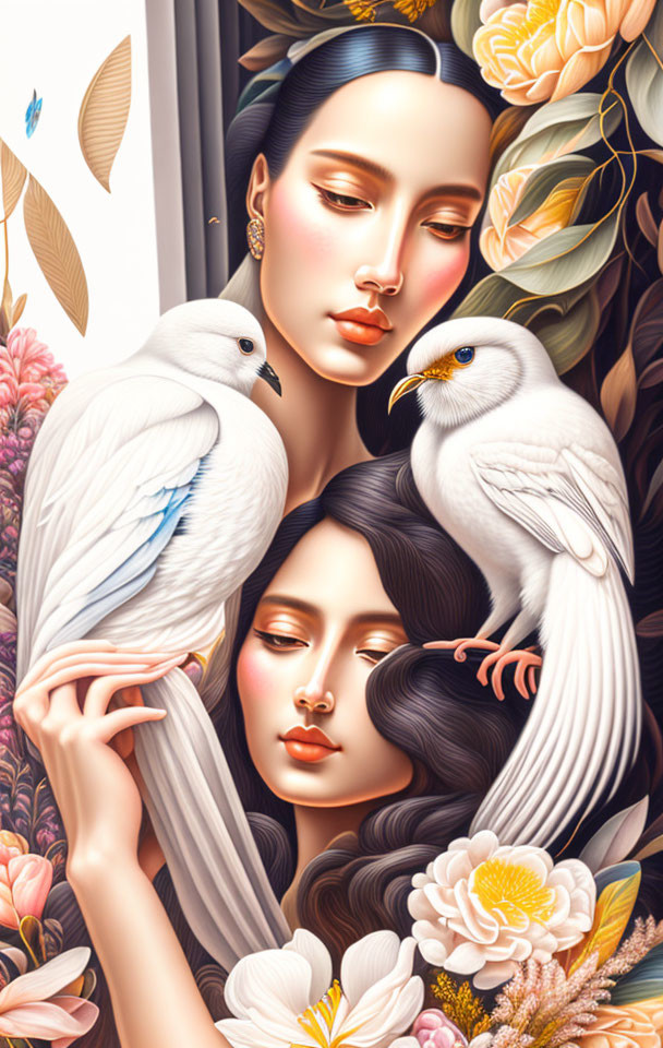 Illustration of serene women with flowing hair, doves, and vibrant flowers