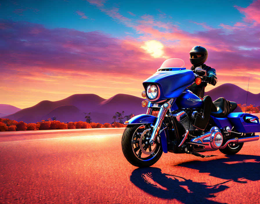 Person in black helmet rides blue motorcycle on road at sunset with orange skies and silhouetted mountains