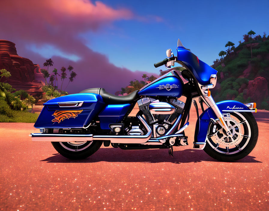 Shiny Blue Motorcycle with Chrome Details and Flame Decals in Desert Sunset