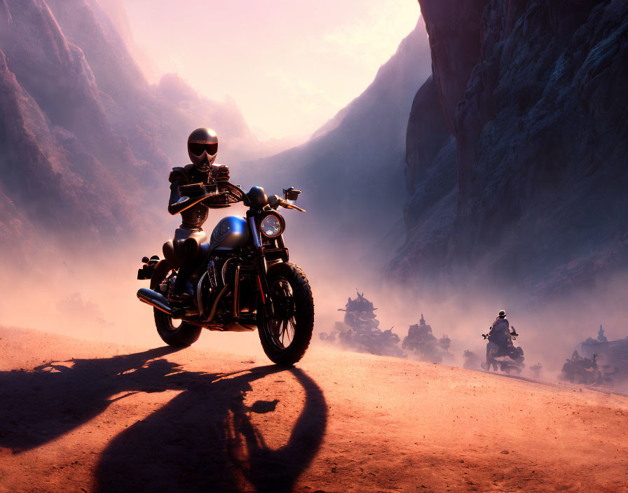 Motorcyclist in full gear rides on dusty road with rocky cliffs and hazy purple sky