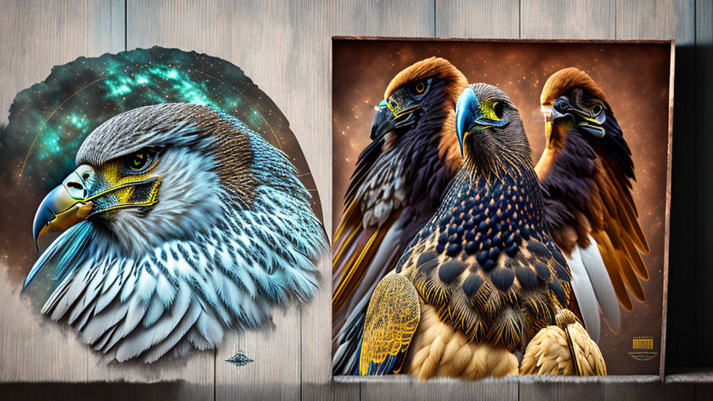 Majestic eagles on cosmic background on wood panels