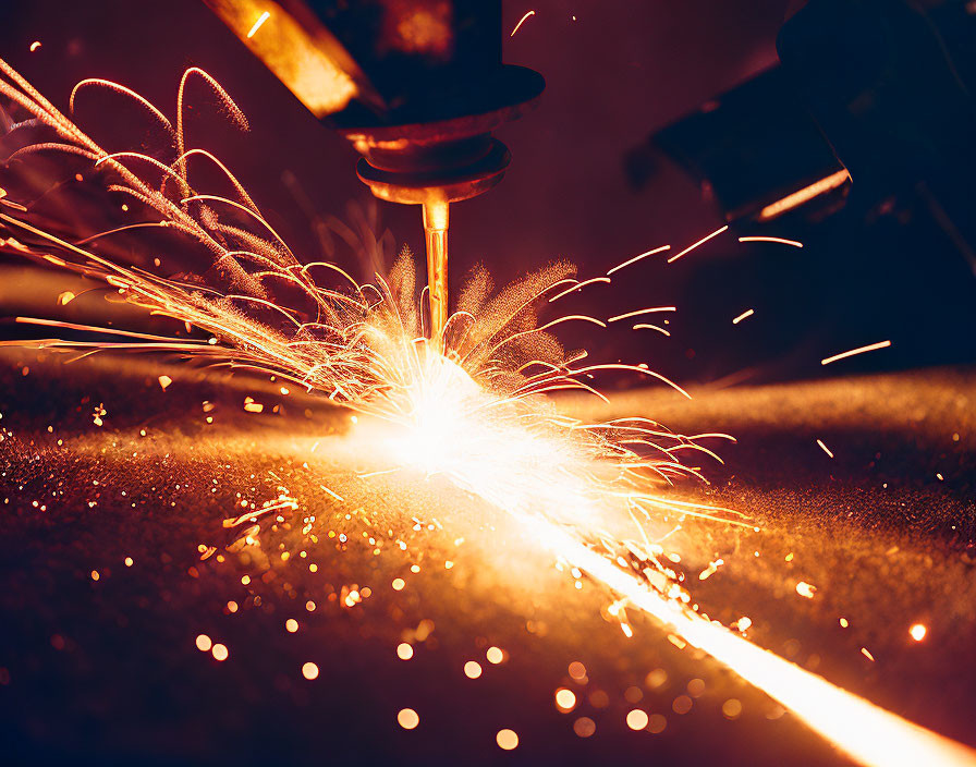 Metal-cutting machine close-up with sparks flying