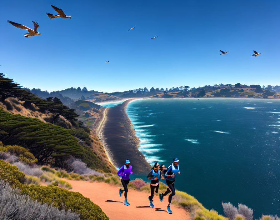 Runners on Coastal Trail Under Clear Blue Sky and Flying Birds