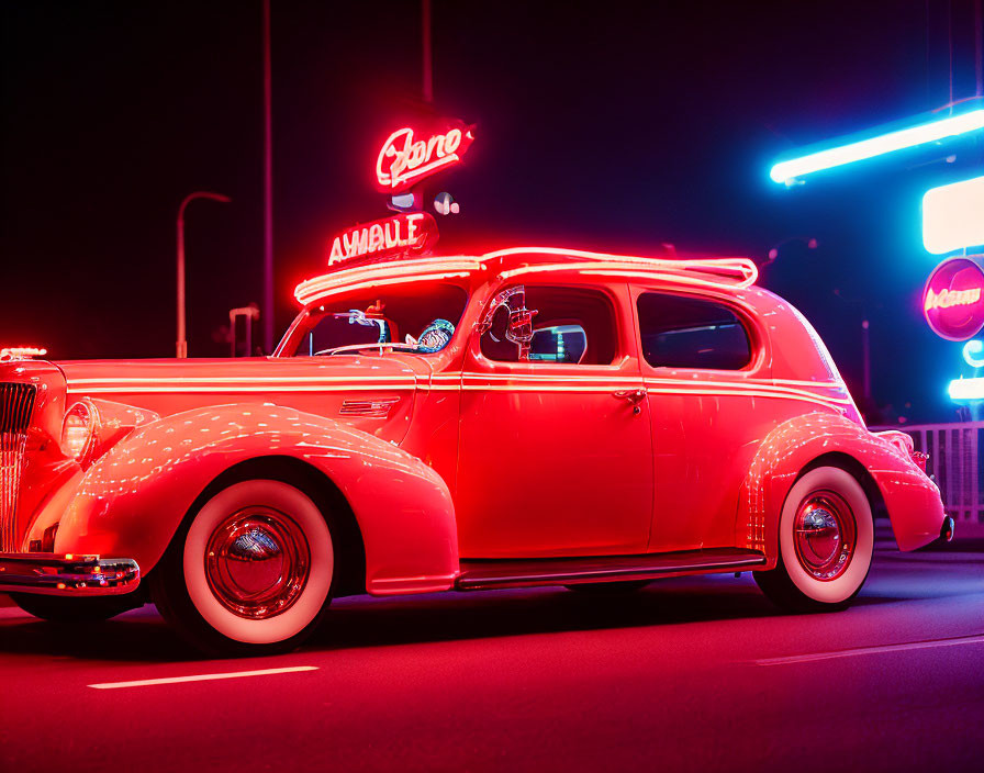 Vintage Car Glowing Red in Neon Night Scene