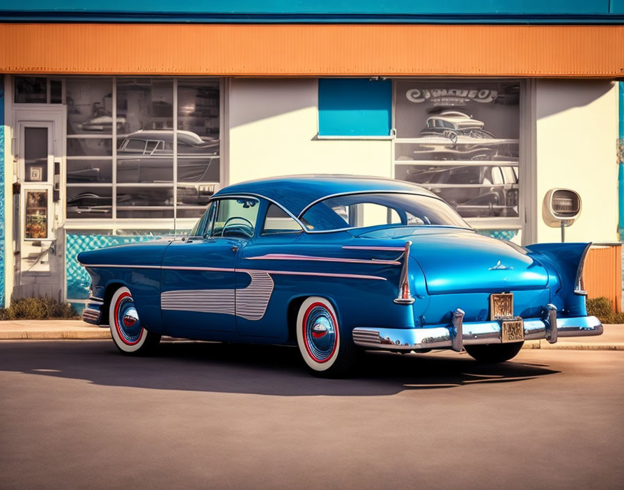 Vintage blue car with white wall tires outside retro-style building.