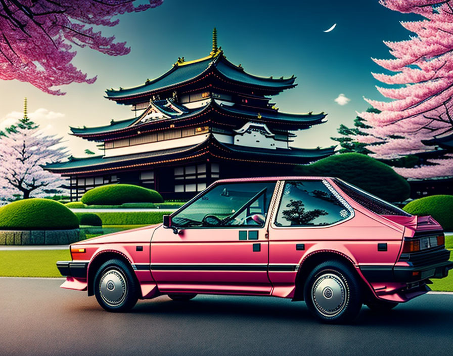 Pink vintage car under cherry blossom trees with Japanese pagoda in evening