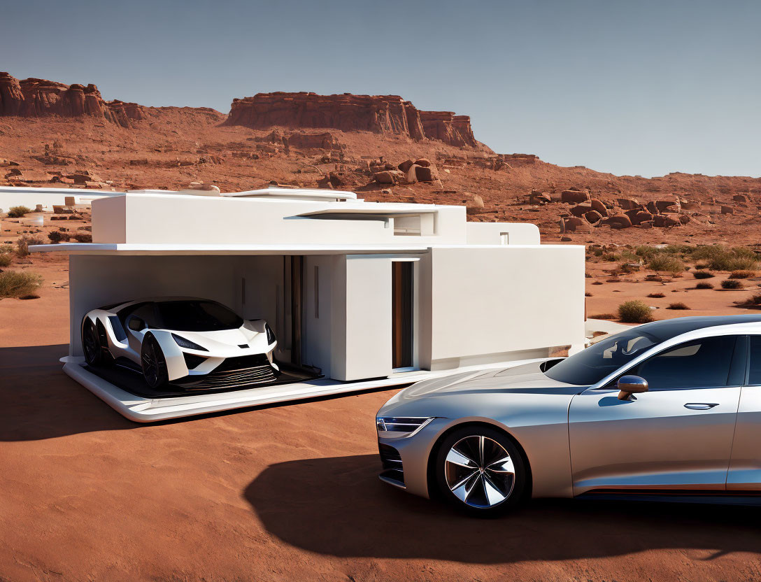 Contemporary White House with Flat Roof, Futuristic Cars in Desert Setting