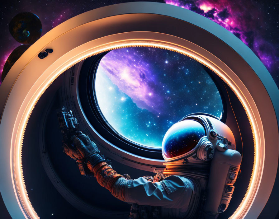 Astronaut observing vibrant cosmos from spacecraft window