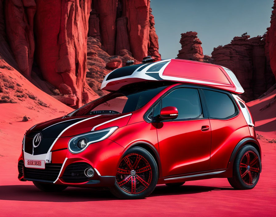 Red Compact Car with Black Accents Parked in Desert Landscape