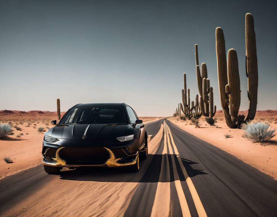 Black Sports Car with Gold Rims Parked in Desert Landscape