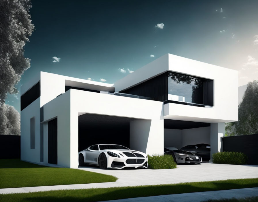 Luxury House with Large Windows, Flat Roofs, and Two Cars in Green Landscape