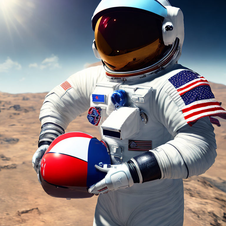 Astronaut holding helmet on Mars-like landscape