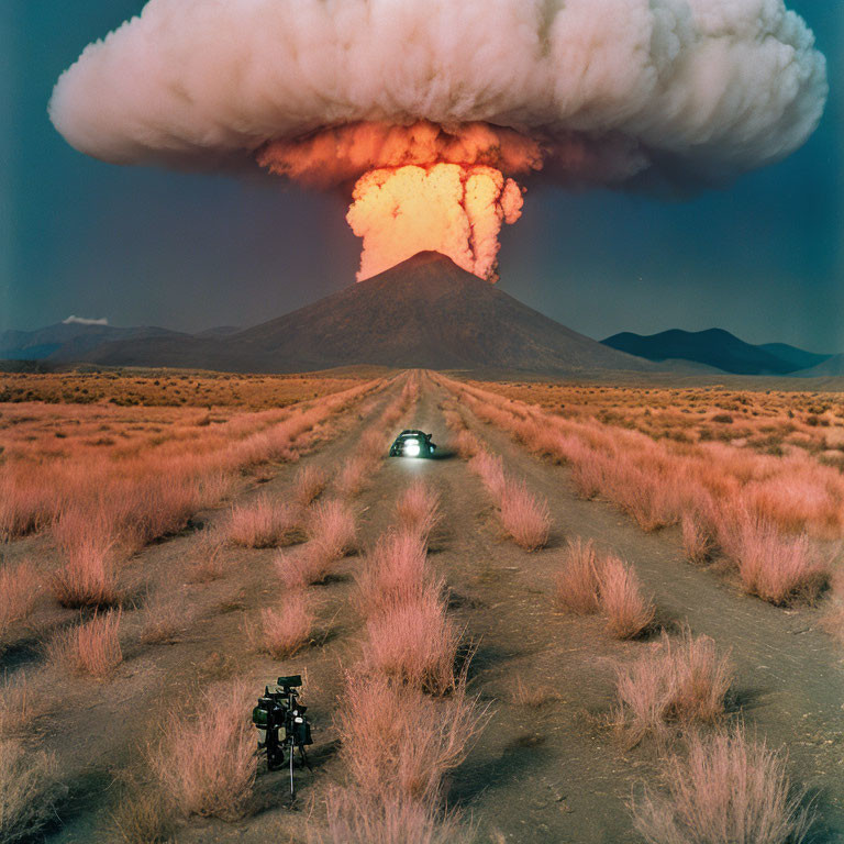 Car driving towards massive volcanic eruption on desolate road