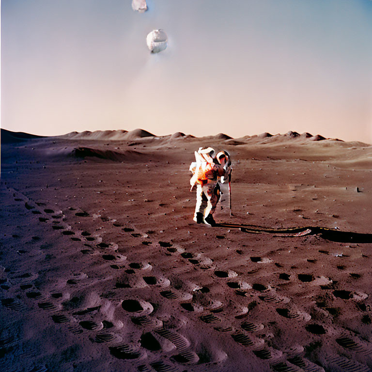 Astronaut collecting soil samples on Mars-like landscape