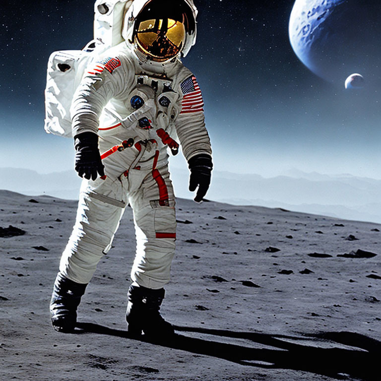 Astronaut in spacesuit on moon with Earth in background