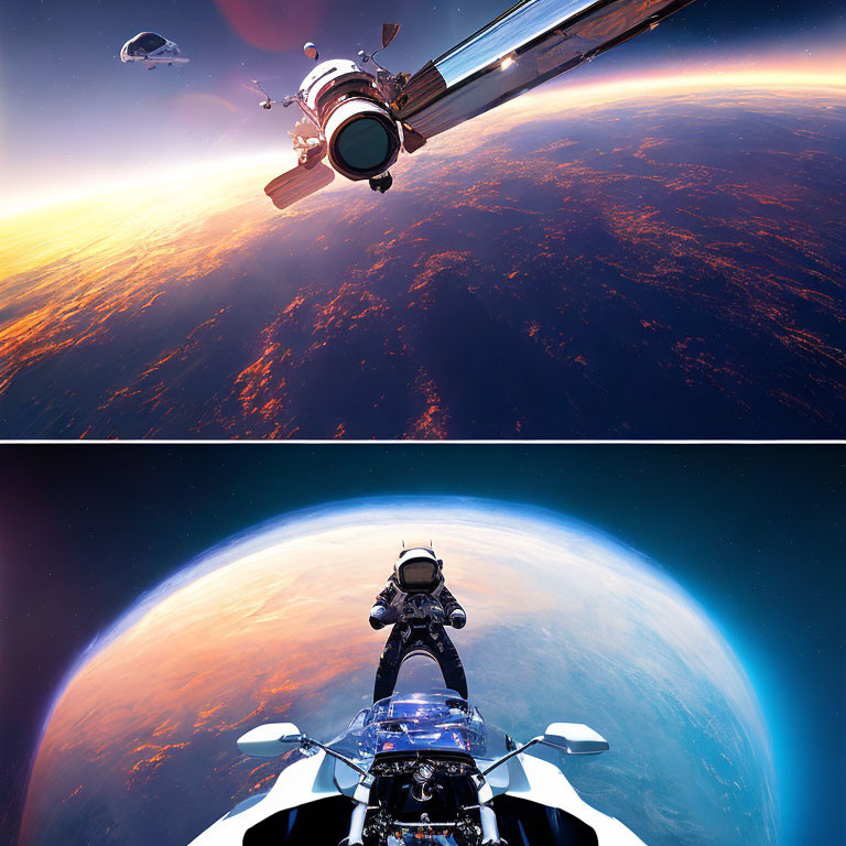 Spacewalk with Earth's horizon and spacecraft in background