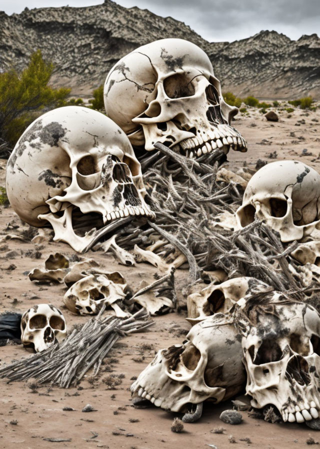 Large Weathered Skulls Arrangement in Desolate Desert Landscape