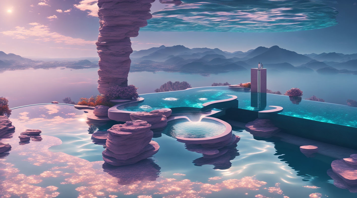 Surreal landscape with floating islands and pink skies