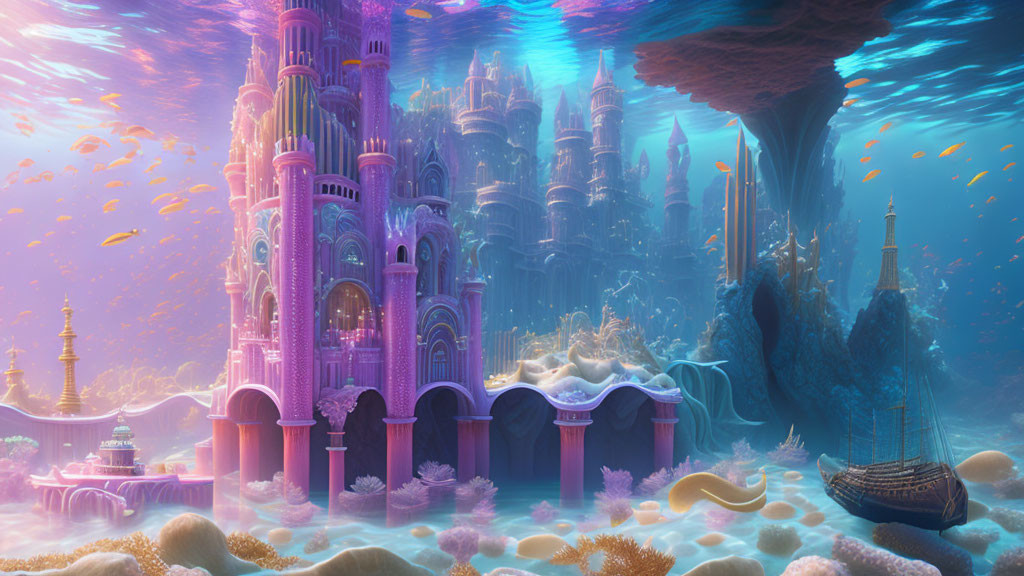 Fantastical underwater city with pink and lavender castles and sunken ship in mystical blue glow