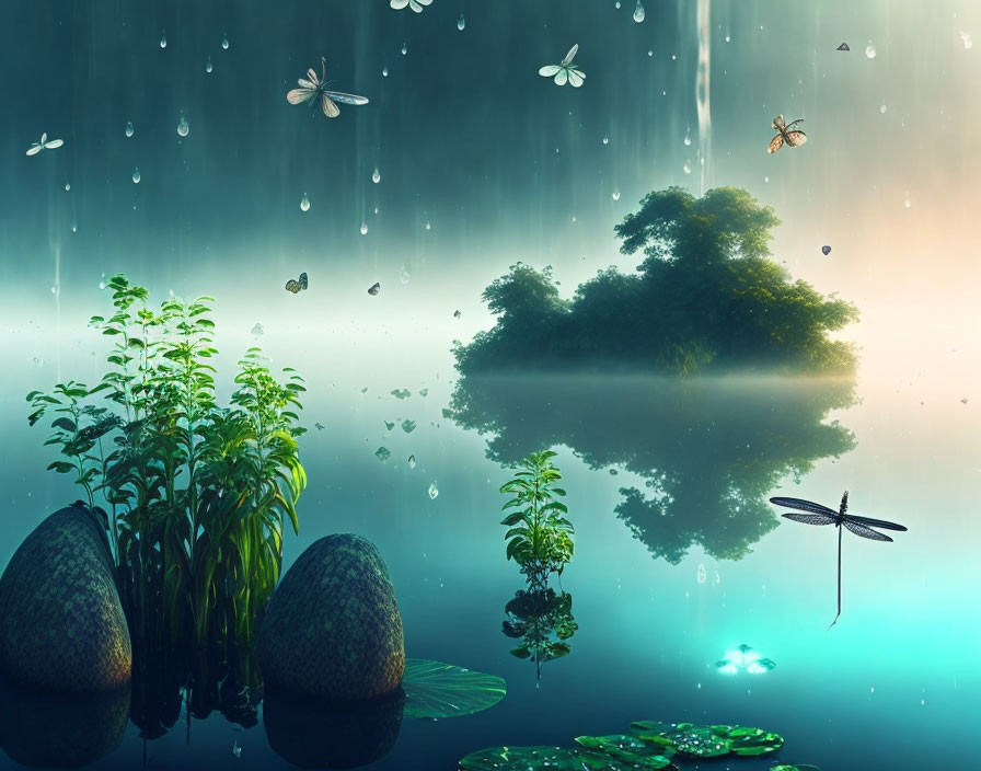 Tranquil lake scene with lush green island, dragonflies, and gentle rain