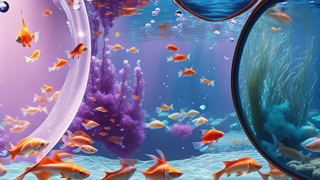 Vibrant underwater scene with orange fish and coral reefs viewed through circular portals