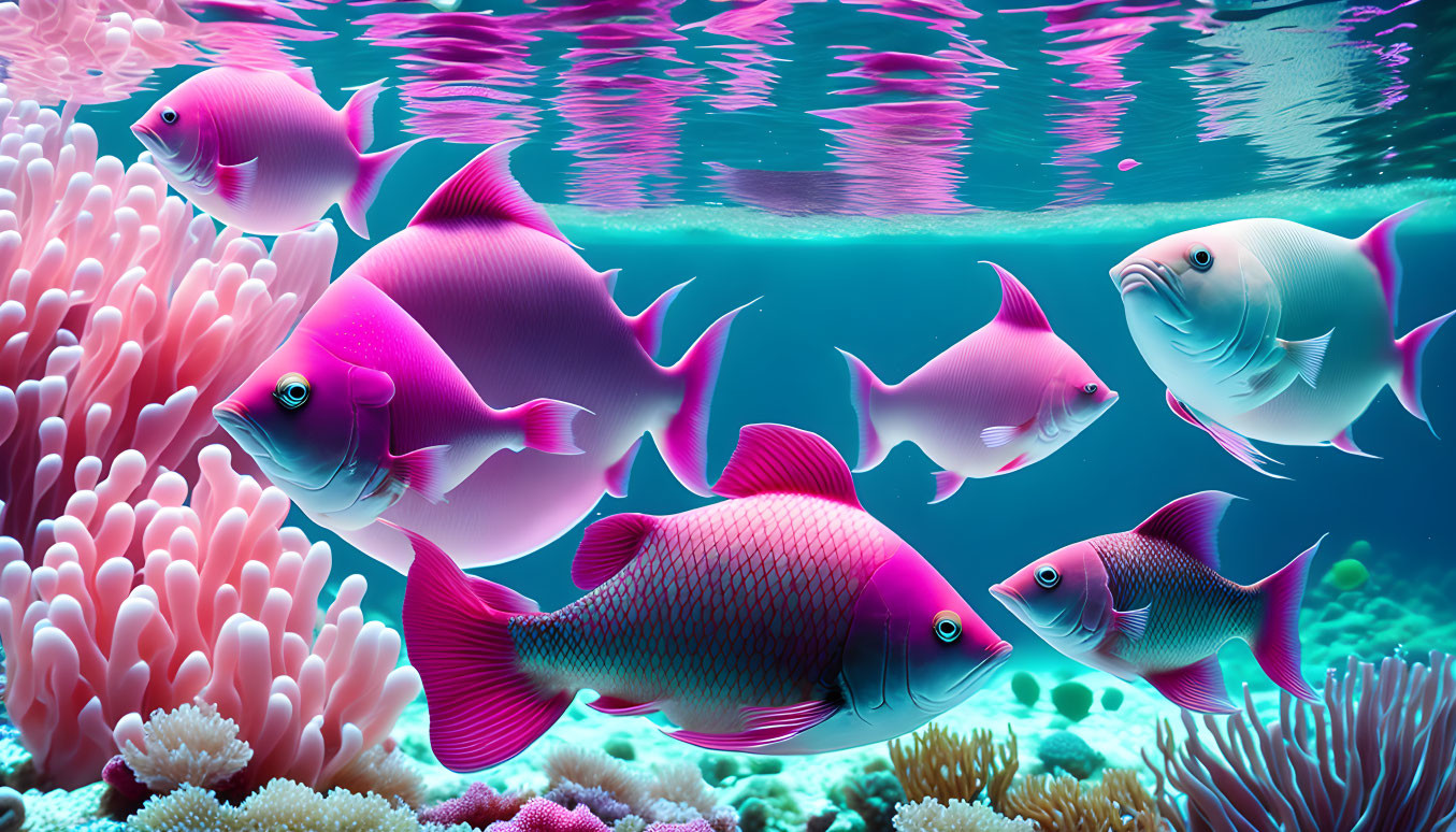 Colorful underwater scene with pink and purple fish and coral reefs