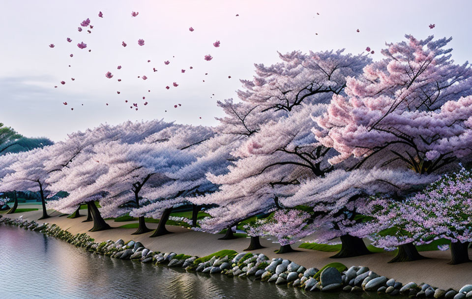 Cherry Blossom Trees by Calm Lake with Petals and Pink Sky