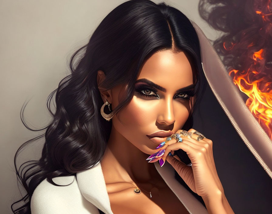 Illustration of woman with dark hair, sharp features, smoky eye makeup, glossy lips, elegant