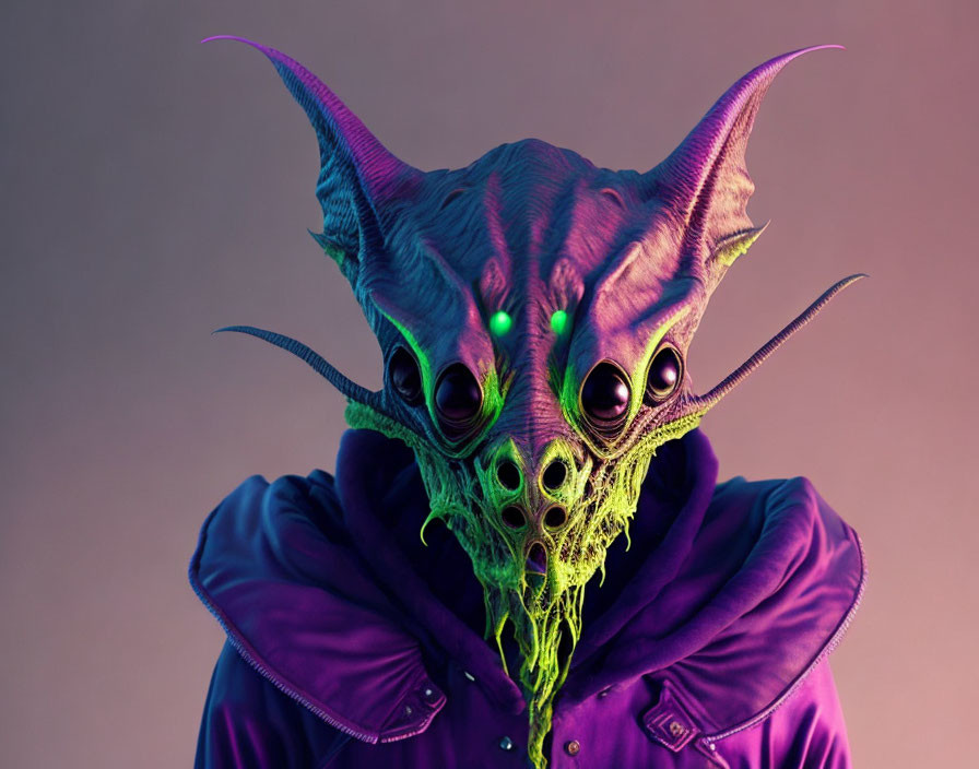 Purple hooded creature with alien face, horns, multiple eyes, and tentacles.