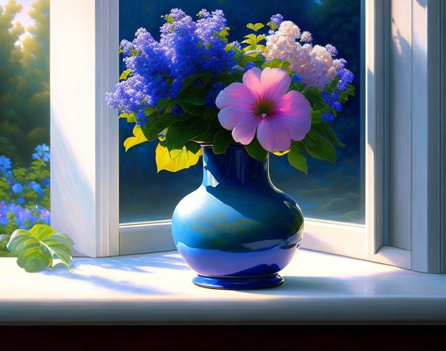 Colorful flowers in blue vase on sunny windowsill with nature view