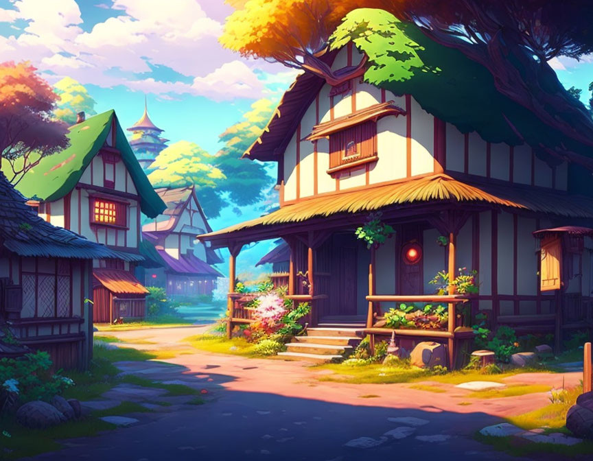 Tranquil village illustration with traditional houses and lush greenery