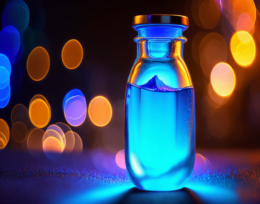 Blue glowing potion in glass bottle on vibrant bokeh background