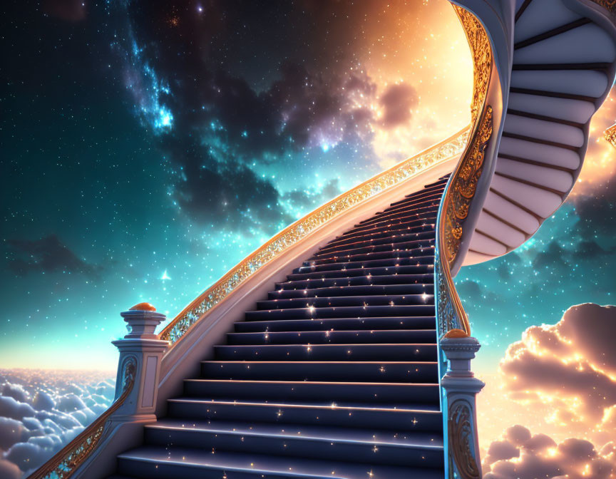 Surreal image of spiraling staircase in starry night sky