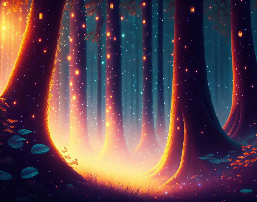 Mystical forest with towering trees and glowing doorways