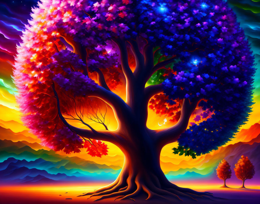 Colorful fantasy tree against vibrant mountain backdrop